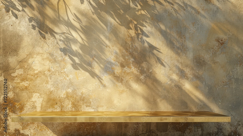 Gold Stucco Table with Nature Shadow on Concrete Wall Texture Background, Suitable for Cosmetic Product Presentation Backdrop, Display Gold Stucco Table with Nature Shadow on Concrete Wall Texture Background, Suitable for Cosmetic Product Presentation Backdrop, Display