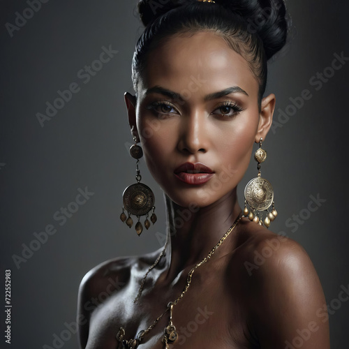 Ethereal Glamour - Portrait of an Athletic Black-skinned Central Asian Supermodel with Distinctive Features Gen AI photo