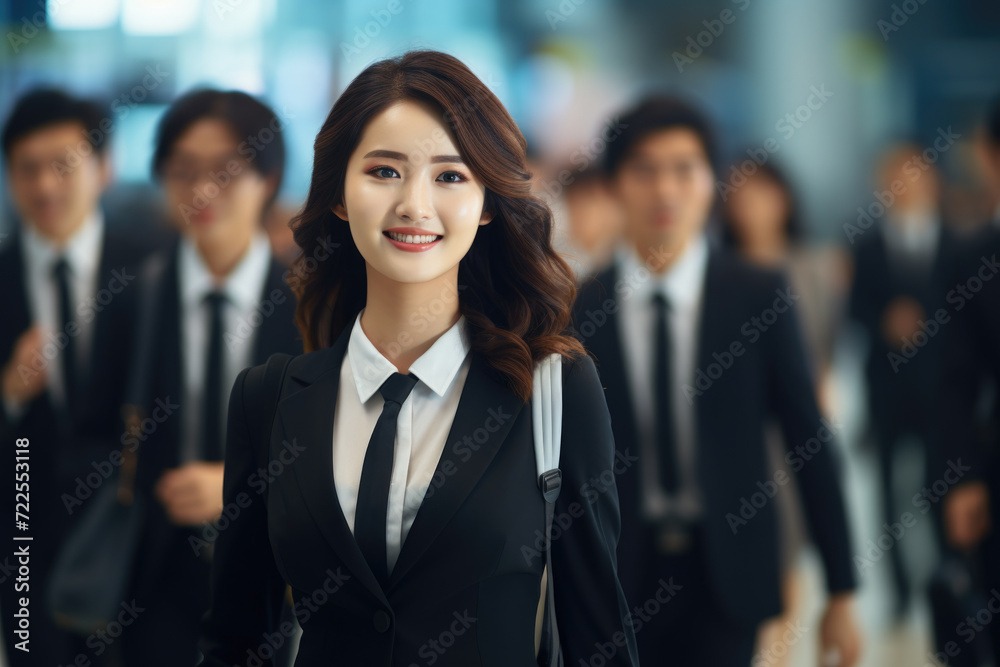 Professional woman dressed in suit and tie stands confidently in front of group of people. This image can be used to represent leadership, business meetings, teamwork, or corporate presentations