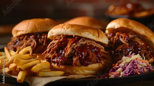 flavorful BBQ pulled pork sandwiches served with a side of tangy coleslaw and crispy fries