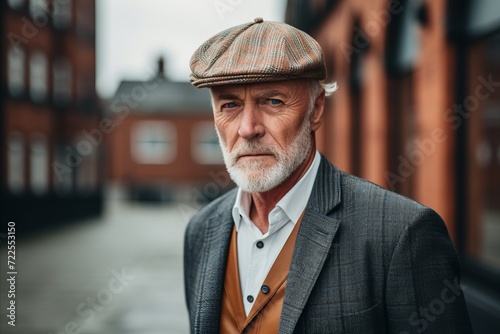 Portrait of an old man in a jacket and a cap.