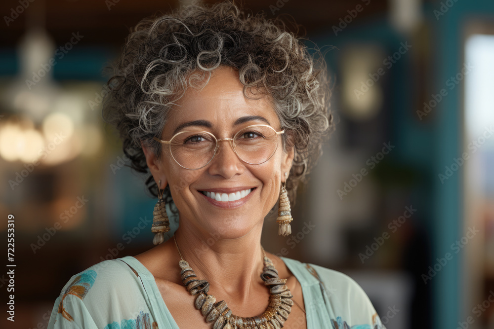 Woman wearing glasses and necklace smiles warmly. This image can be used to portray happiness, confidence, or friendly demeanor Woman wearing glasses and necklace smiles warmly. This image can be used to portray happiness, confidence, or friendly demeanor
