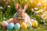 Cute Easter rabbit with colorful eggs and spring flowers on green grass at sunny day. Little bunny in the meadow. Happy Easter celebration concept. Design for banner, greeting card, postcard