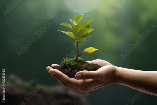 Person holding small plant in their hands. Perfect for illustrating growth, sustainability, and nurturing