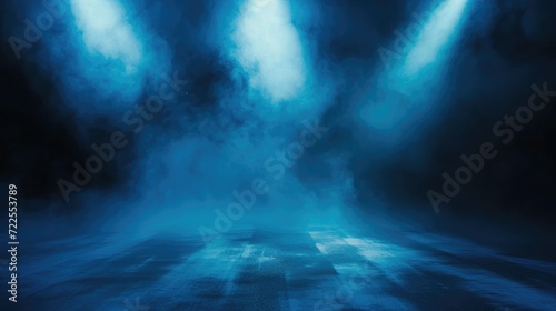 Rays, spotlights light. Empty dark scene with blue light. Asphalt blue dark street with smoke. © buraratn