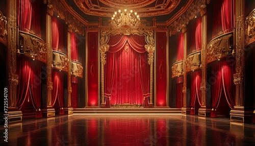 a theater with red curtains and gold trim