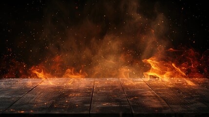 wooden table with Fire burning at the edge of the table, fire particles, sparks, and smoke in the air, with fire flames on a dark background to display products