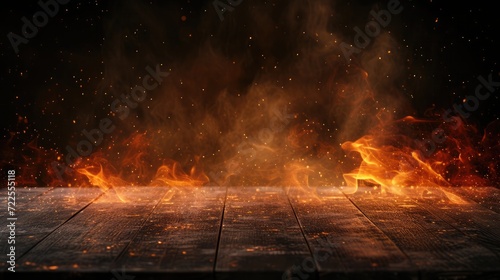 wooden table with Fire burning at the edge of the table, fire particles, sparks, and smoke in the air, with fire flames on a dark background to display products photo