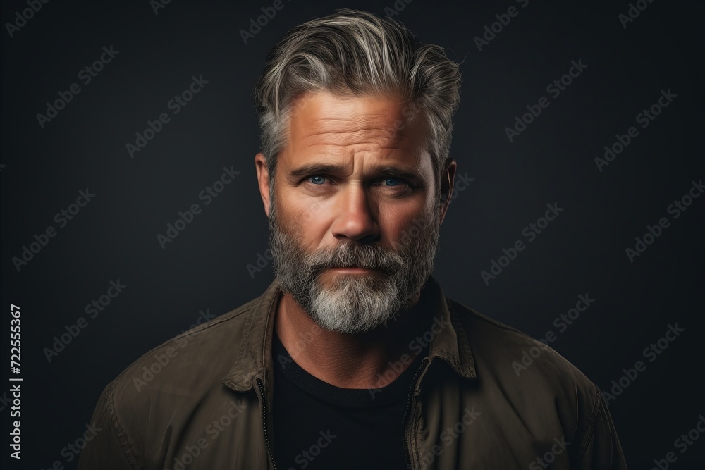 Portrait of a handsome mature man with gray beard and mustache. Men's beauty, fashion.