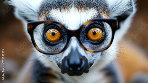 cute funny Lemur Catta, closeup with glasses. Ai Generative photo