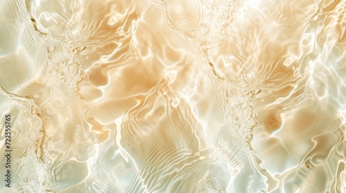 Abstract summer banner background Transparent beige clear water surface texture with ripples and splashes. Water waves in sunlight, copy space, top view.