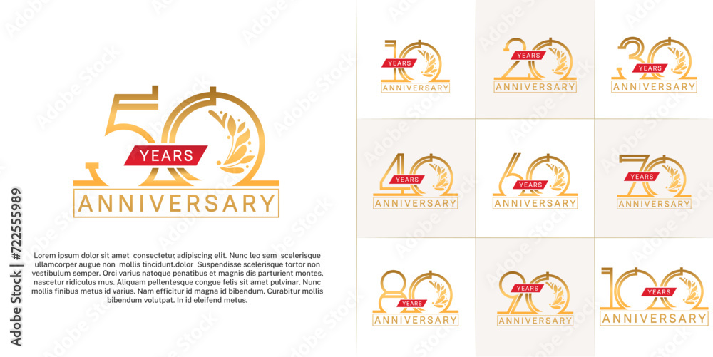 set of anniversary logotype golden color with ornament and red ribbon for special celebration event