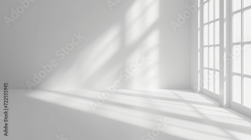 Abstract white studio background for product presentation. Empty room with shadows of window. Display product with blurred backdrop. photo