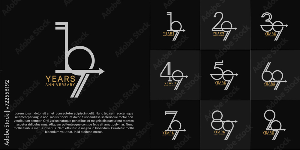 set of anniversary logotype golden and silver color with arrow for special celebration event