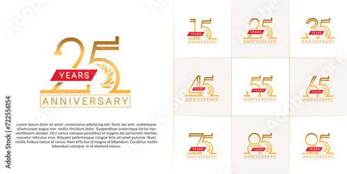 set of anniversary logotype golden color with ornament and red ribbon for special celebration event