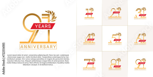 set of anniversary logotype golden color with ornament and red ribbon for special celebration event