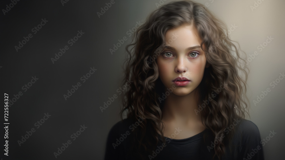 Studio portrait of a young girl with wavy brown hair and a fair complexion. She is wearing a black t-shirt. Skin care and cosmetics. Studio portrait of a young girl with wavy brown hair and a fair complexion. She is wearing a black t-shirt. Skin care and cosmetics.