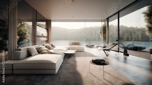 Modern design living room interior photo rendering with large windows and lake view - AI generative