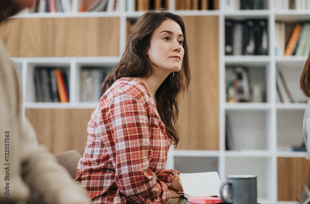 A thoughtful young adult female in a plaid shirt sits pensively at a desk in a modern workplace, surrounded by books and a colleague. A thoughtful young adult female in a plaid shirt sits pensively at a desk in a modern workplace, surrounded by books and a colleague.
