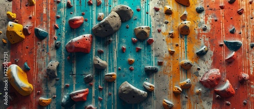 a UI background of rock climbing, with vibrant handhold colors fading into the neutral tones of a climbing wall, Ideal for App and Website Design .	
 photo