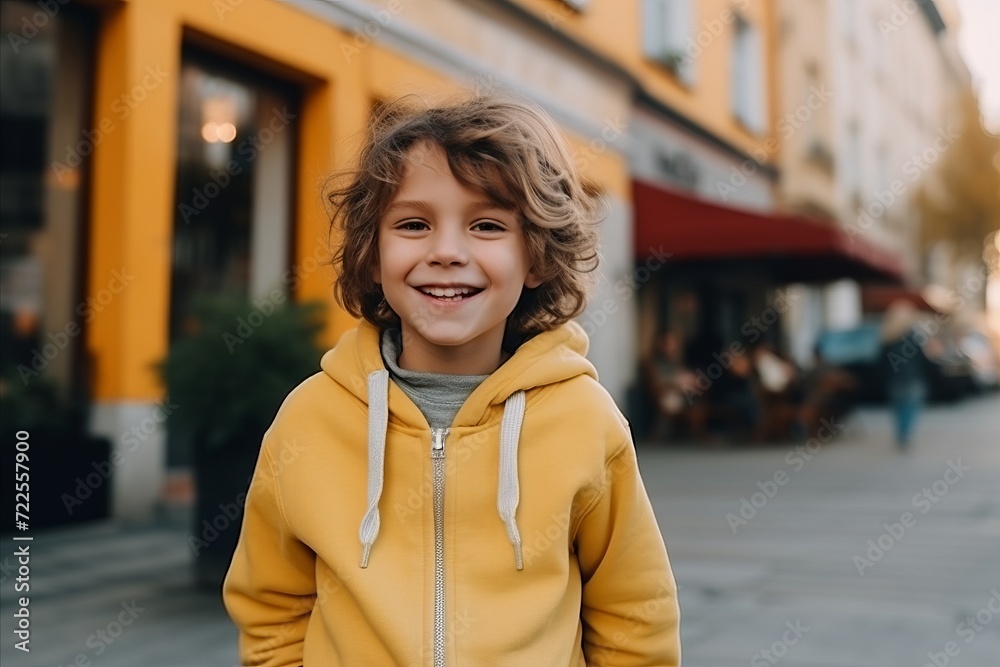 Portrait of a smiling little boy in a yellow hoodie. Portrait of a smiling little boy in a yellow hoodie.