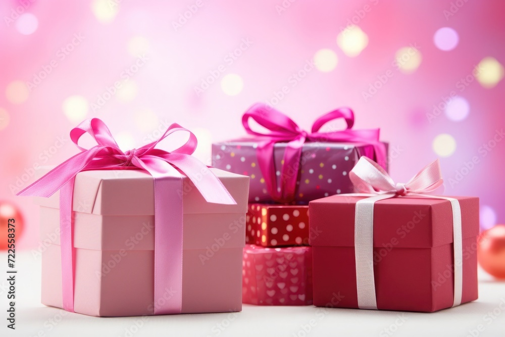 A stack of gifts in wrapping paper in different shades of pink