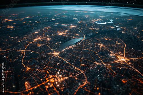 High aerial satellite view of an urban city at night with glowing lights
