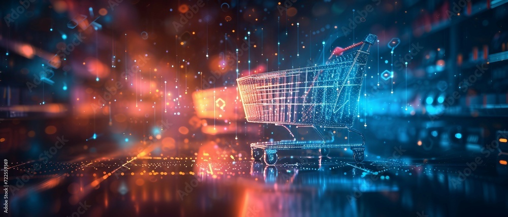 e-commerce blue to transactional silver background with pixelated motifs of shopping carts .
 - obrazy, fototapety, plakaty 