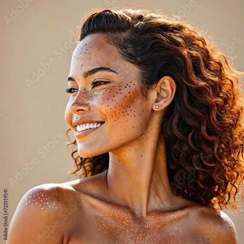 Portrait of a Broad-Shouldered Supermodel with Sun-Kissed Freckles and Avant-Garde Flair Gen AI photo