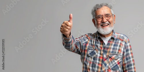 smiling elderly gray-haired man in glasses shows thumbs up on a colored background in the studio, pensioner, old age, grandfather, portrait of a mature person, beard, casual wear, gesture, happy photo