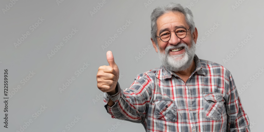 Fototapeta premium smiling elderly gray-haired man in glasses shows thumbs up on a colored background in the studio, pensioner, old age, grandfather, portrait of a mature person, beard, casual wear, gesture, happy