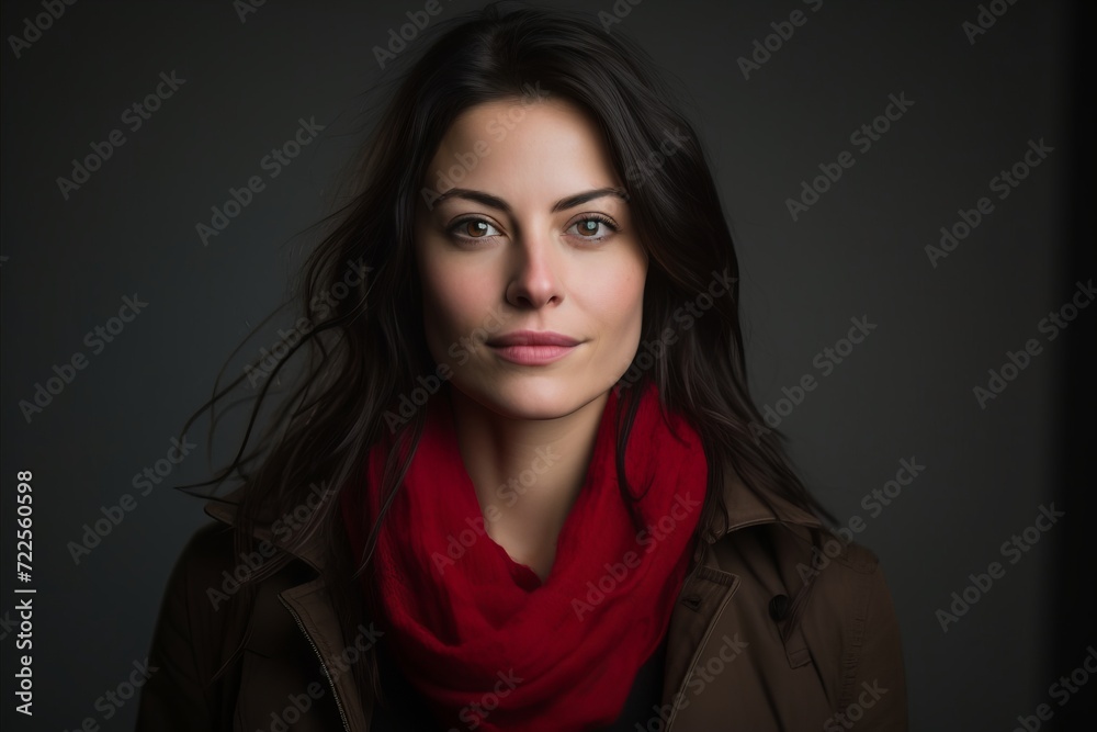 Portrait of a beautiful young woman in winter coat and red scarf Portrait of a beautiful young woman in winter coat and red scarf
