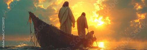 Jesus with his disciples in a boat, sailing on the sea photo