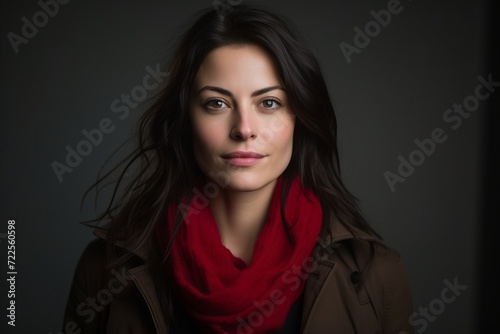 Portrait of a beautiful young woman in winter coat and red scarf