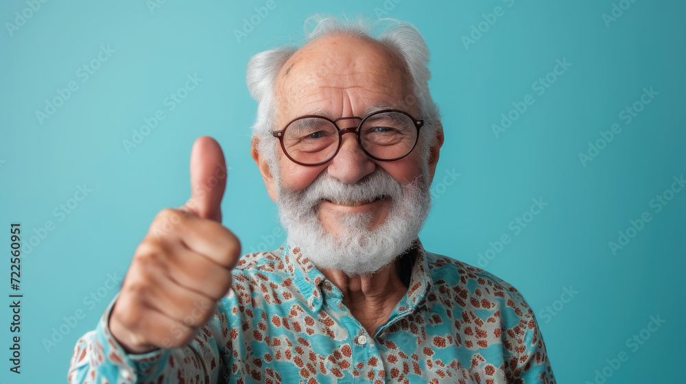 smiling elderly gray-haired man in glasses shows thumbs up on a colored background in the studio, pensioner, old age, grandfather, portrait of a mature person, beard, casual wear, gesture, happy smiling elderly gray-haired man in glasses shows thumbs up on a colored background in the studio, pensioner, old age, grandfather, portrait of a mature person, beard, casual wear, gesture, happy