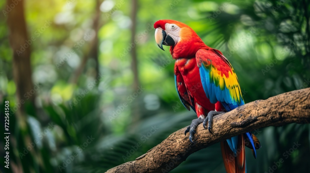 Red parrot Scarlet Macaw, Ara macao, bird sitting on the pal tree trunk, Panama. Wildlife scene from tropical forest. Beautiful parrot on green tree in nature habitat.