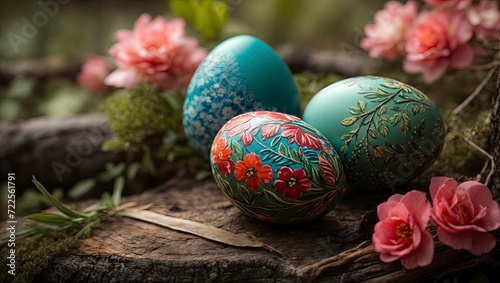 Colorful easter eggs on a wooden stump in the garden.