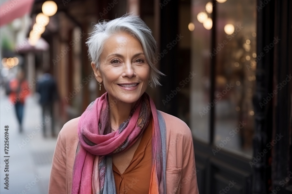 Portrait of smiling senior woman with scarf in the city, looking at camera Portrait of smiling senior woman with scarf in the city, looking at camera