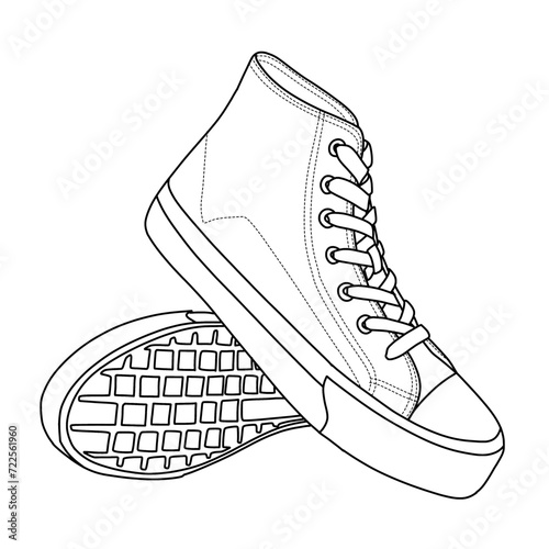 Template vector drawing of Mens High Top Sneakers Line art, suitable for your custom sneakers Shoes design, outline vector doodle illustration, side and bottom view isolated on white background