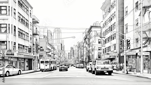 Contemporary black and white line drawing of an urban street scene, capturing the essence of modern city life with clean architectural lines