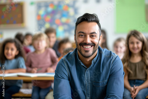 Engaging Young Male Teacher Smiling in a Classroom Full of Students