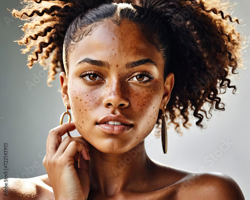Bold and Sensual - Portrait of a Stunning Brown-Skin Mixed-Race Supermodel with a Distinctive Gaze Gen AI photo