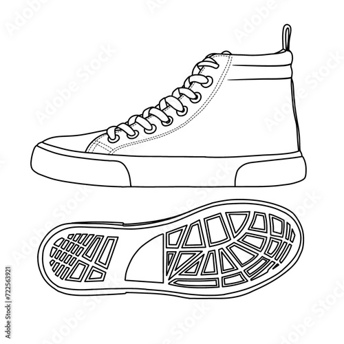 Template vector drawing of Pairs Mens High Top Sneakers Line art, suitable for your custom sneakers Shoes design, outline vector doodle illustration, side and bottom view isolated on white background