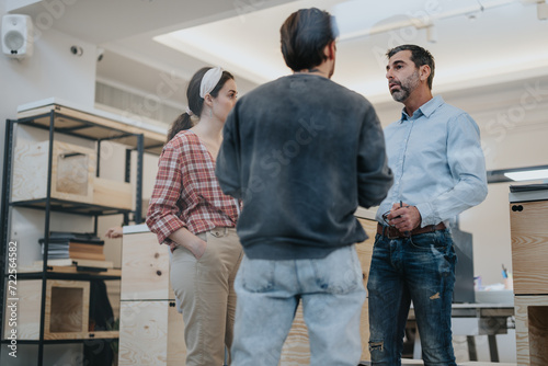 Two men and one woman stand in a modern, bright office environment, deeply engaged in a serious business conversation.