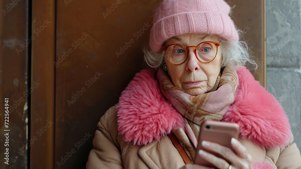 Fototapeta premium Happy mature woman using smartphone with copy space, older female customer holding mobile phone