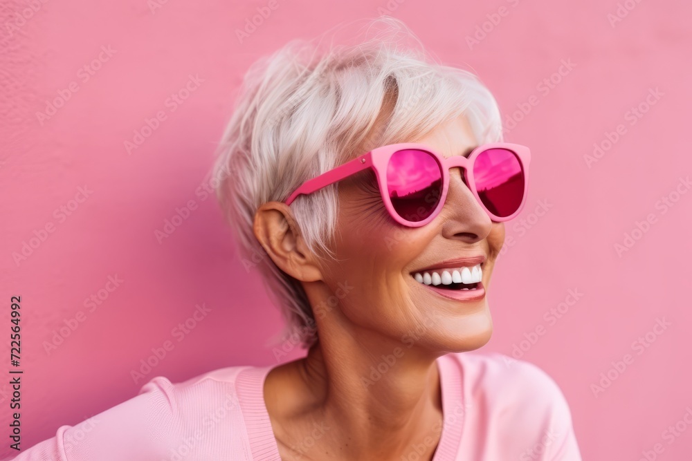 Closeup portrait of a smiling woman with pink sunglasses over pink background Closeup portrait of a smiling woman with pink sunglasses over pink background