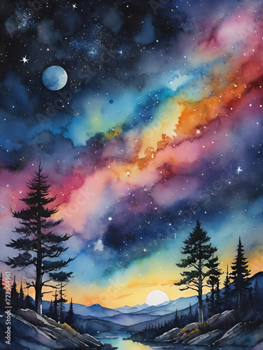 A detailed painting showcasing a dark night sky filled with sparkling stars and towering trees.