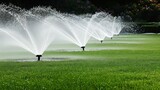 Automatic garden sprinkler system ensuring lush green lawn in backyard landscape