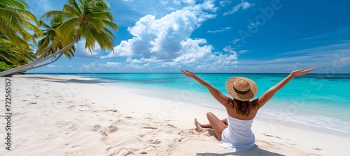 Fototapeta Naklejka Na Ścianę i Meble -  Happy woman enjoying a relaxing summer beach vacation with palm trees and sea beach view