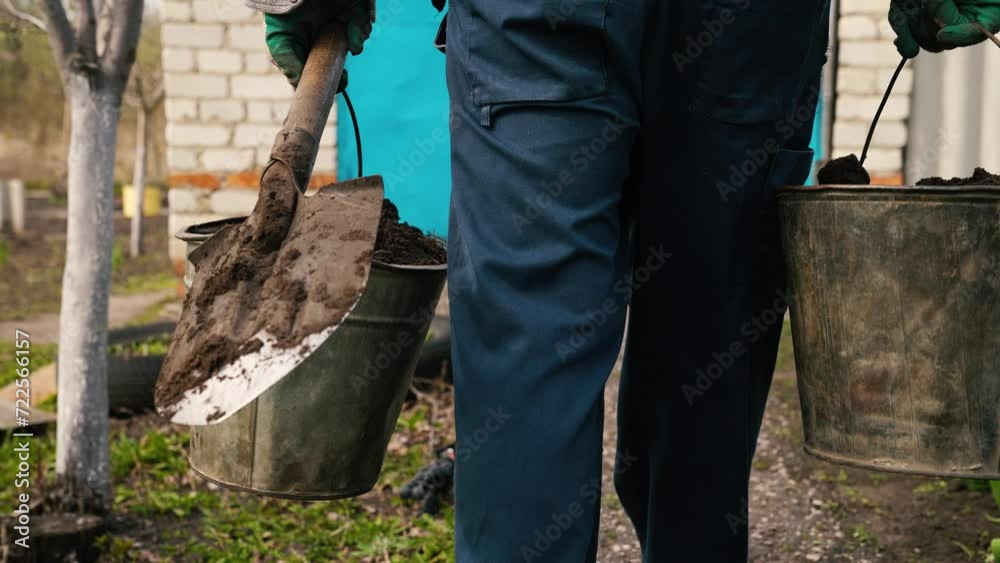 Vidéo Stock farmer garden works soil, man scooped soil into buckets